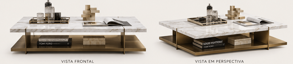 Vistas de Mesa de Centro Aurum, com diferentes perspectivas da peça, colecção VORQ