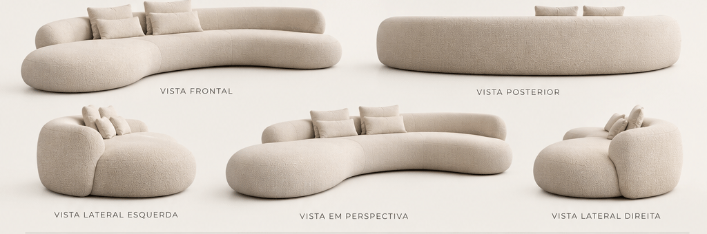 Vistas de Sofá Nuvola, com diferentes perspectivas da peça, colecção VORQ